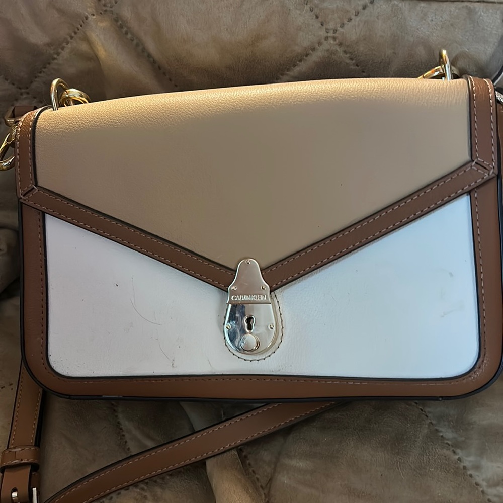 Calvin Klein smooth/slightly pebbled tan and White Crossbody Bag